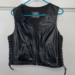 Women Medium True Element Black‎ zip Leather Vest Motorcycle Biker Laced Sides